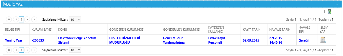 İade edilen belge, bir önceki kullanıcının bekleyen işlerindeki İade İç Yazı sekmesi altında mavi renkli olarak görüntülenebilir.