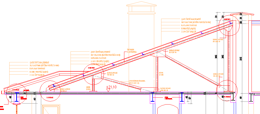 ġekil 2.12 de örnek binanın B-B kesitinde çelik çatının düzenlenmesi ve yapının durumu görülmektedir. ġekil 2.