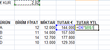 Formül Kopyalama - F4 Tuşu Formülleri kopyaladığınızda EXCEL formülün içindeki referansları kopyaladığınız yere göre ayarlar.