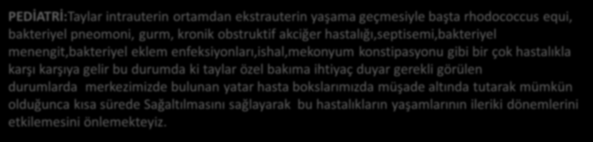 PEDİATRİ:Taylar intrauterin ortamdan ekstrauterin yaşama geçmesiyle başta rhodococcus equi, bakteriyel pneomoni, gurm, kronik obstruktif akciğer hastalığı,septisemi,bakteriyel menengit,bakteriyel