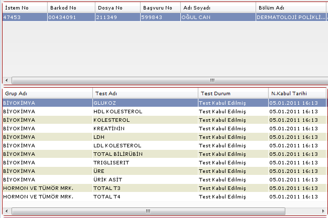 numaralı alanında laboratuvar sonucu bulunan hasta isimleri görüntülenir. Buradan istenilen hasta seçildiğinde sonuçla ilgili test detayları numaralı alanda listelenir. Resim 1.