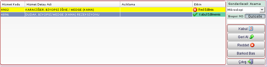 numaralı alanda listelenen patoloji istemi yapılmıģ hasta istemlerin üzerinde farenin sol tuģu ile çift tıklanıldığında istenen hizmetler ve istemin durumu ile ilgili bilgiler numaralı alanda