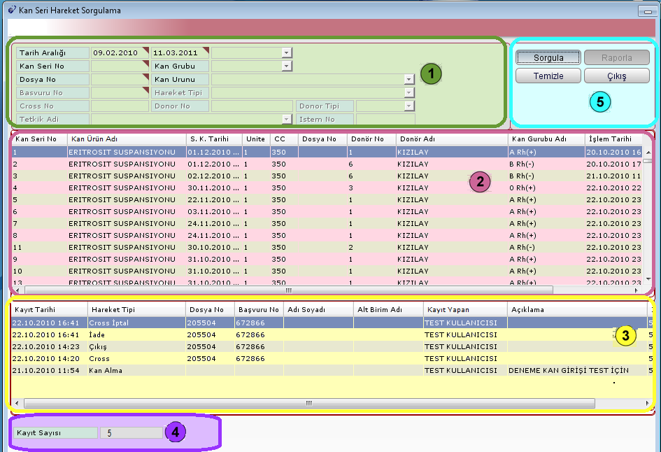 Resim 2.37: Kan seri hareket sorgulama formu Kan seri Hareket Sorgulama formunda, numaralı alanda sorgulama kriterleri yer alır. Sorgu yapılacak tarih aralığı bu bölümde belirlenir.