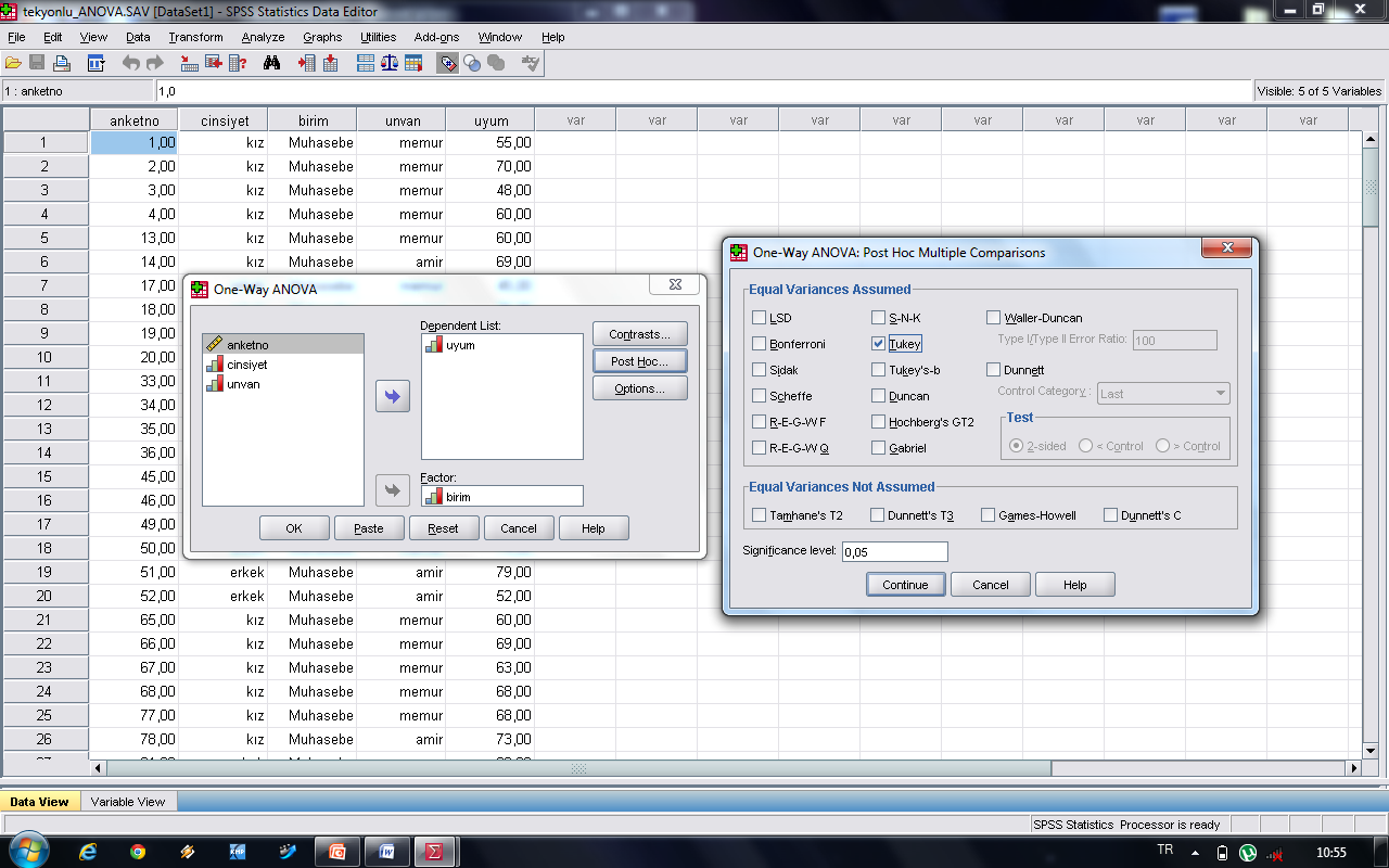 Test of Homogeneity of Variances uyum Levene Statistic df1 df2 Sig.,579 2 159,562 Sig 0.05 den büyükse Null hipotezini reddedilir.