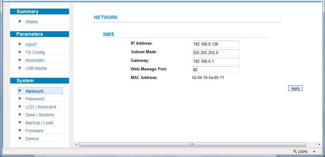 System NMS: Network e basıtığınızda ağ parametrelerini ayarlayabileceğiniz arayüz karşınıza çıkar.