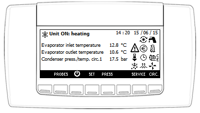 Ana ekrandan görüntülenebilecekler: Ünitenin durumu: soğutma, ısıtma, uzaktan KAPATMA veya STD-BY Saat ve tarih, (RTC varsa) 4 prob değeri; 4 satır halinde sıcaklık / basınç probları görüntülenebilir