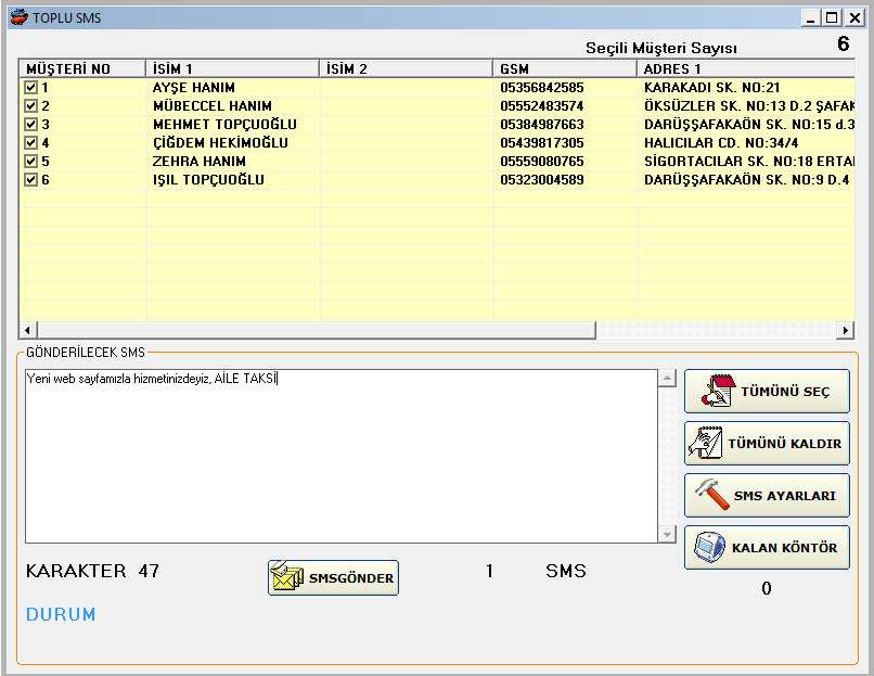 5.TOPLU SMS Sisteme kayıtlı olan