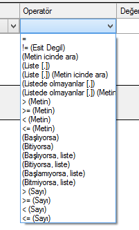 15 Şekil 14 - Arama Şartları (Operatör) - Filtreler 13. Kolon dan istenen sütun ve Operatör İşlemi seçilir. Operatör, Arama Koşulunu belirtir, 17 kriter değeri vardır.