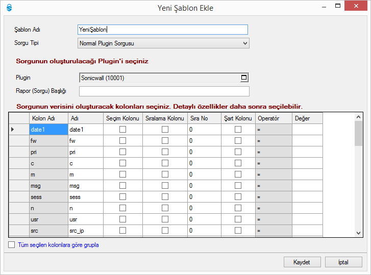 26 Şekil 23 - Yeni Rapor Şablonu Ekleme Formu Şablon Adı; Üretilecek Rapora şablon ismi vermek için kullanılır. Plugin; Raporun hangi plugin üzerinden üretileceğini tanımlamak için kullanılır.