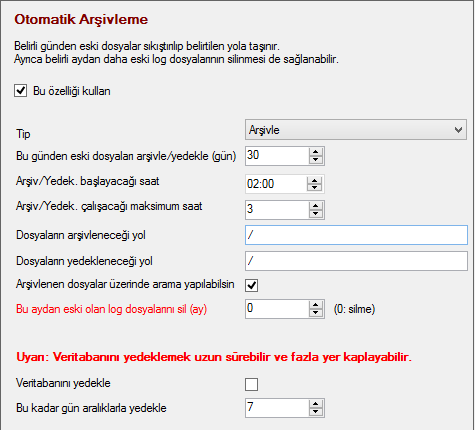 74 9.5. Otomatik Arşivleme Sonic5651 belirli günden eski log dosyalarını başka bir dizine arşivleyebilir. Arşivlemenin ayarlandığı bu kısımın detayları aşağıda verilmiştir.