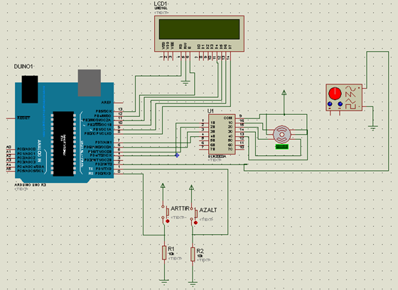 Şekil 10. Proteus programında çizilen devre bağlantı yolları Devre çizimi ve testi proteus programında gerçekleştirilmiştir. Devrenin bağlantıları Şekil 10 da verildiği gibi yapılmıştır.