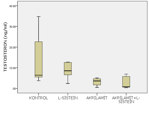 Şekil 4. 21 Gruplardaki testosteron miktarları. p=0,029* düzeyinde anlamlı bir fark bulunmuş olsa da çoklu karşılaştırma tablosu değerlendirildiğinde farklılığın neden kaynaklandığı hesaplanamamıştır.