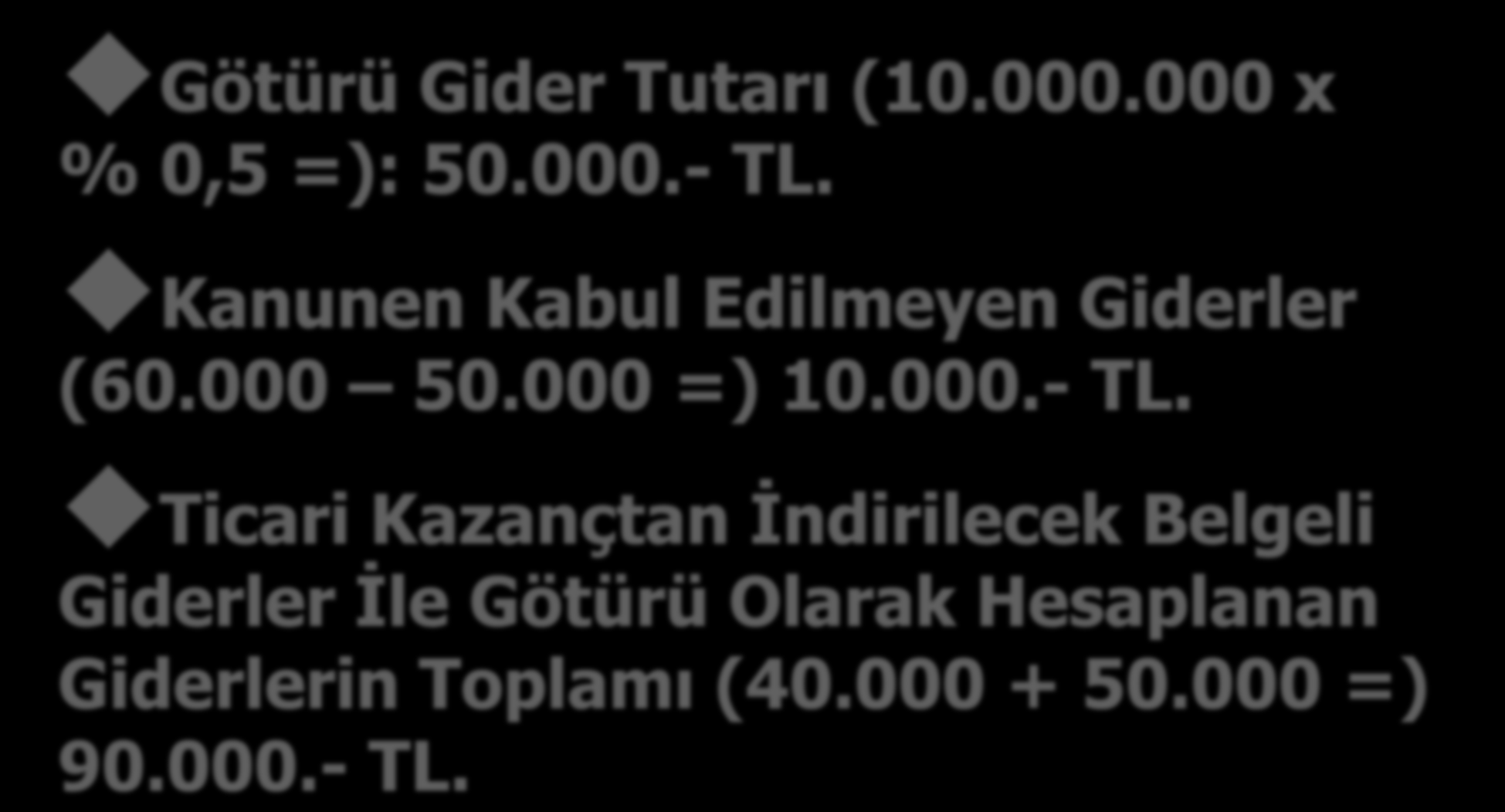 Götürü Gider Tutarı (10.000.000 x % 0,5 =): 50.000.- TL.