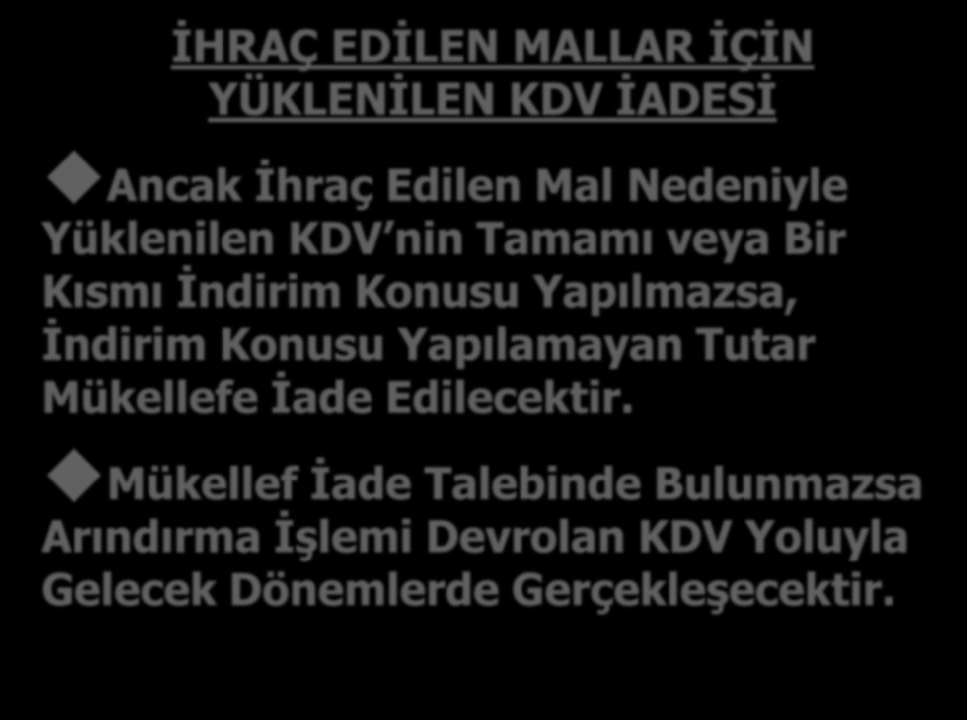 İHRAÇ EDİLEN MALLAR İÇİN YÜKLENİLEN KDV İADESİ Ancak İhraç Edilen Mal Nedeniyle Yüklenilen KDV nin Tamamı veya Bir Kısmı İndirim Konusu Yapılmazsa, İndirim