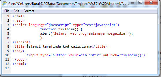 üretilen çıktı kullanıcıya görüntülenmiştir. Eğer sayfanın boş bir yerinde fareye sağ tıklanıp Kaynak Kodunu Göster (View Source) seçilirse, yazılan JavaScript kodlarına erişilebilir.