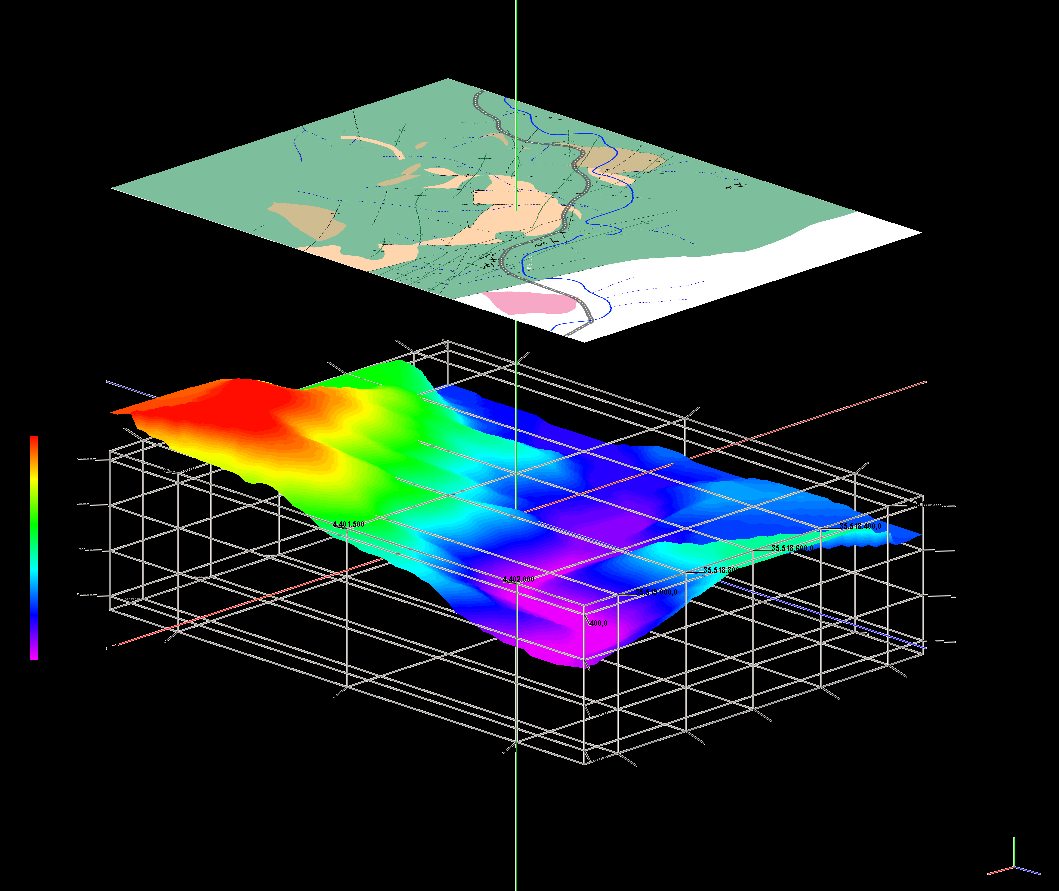 Şekil 10.1 Handeresi bölgesinin 3B topoğrafik yüzey modellemesi ve 2B jeoloji haritası (görüntülerin karışmaması için jeoloji haritasına Z yönünde +400 m.