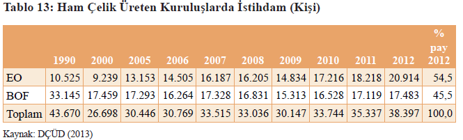 Türk Demir Çelik Sektöründe İstihdam Ham çelikten mamûl üreten kuruluşlarda, 2012 yılı itibariyle 38,4 bin kişiye doğrudan istihdam sağlanmıştır.