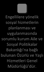 Engellilere yönelik sosyal hizmetlerin planlanması ve uygulanmasında sorumlu kurum Aile ve Sosyal Politikalar Bakanlığı na bağlı bulunan Özürlü ve Yaşlı Hizmetleri Genel Müdürlüğü dür.