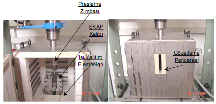 BİR EŞİT KANAL AÇISAL PRESLEME DÜZENEĞİNİN KURULMASI VE MODEL / POLİTEKNİK DERGİSİ, CİLT 14, SAYI 4, 2011 çeliğinden 10 cm çapında ve 60 cm boyunda üretilmiş olup zımbanın kalıba temas yüzeyi ısıl