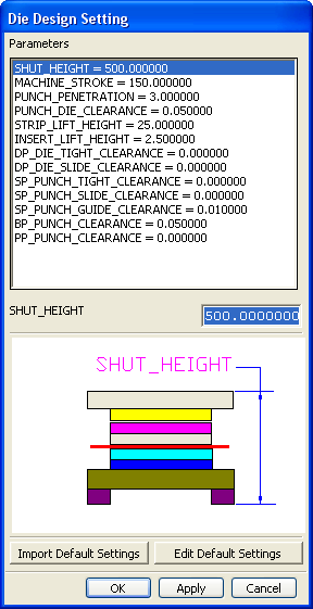 Design Setting Die Wizard modülünde önceden standart olarak yapılan ayarların belirlendiği yer.