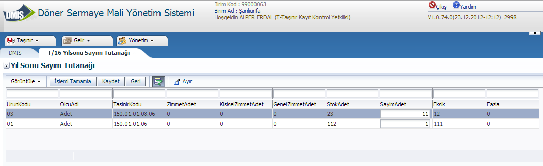 Açılan pencerede "Ambar Adı", "Fiş No", "Sayım Kodu" bilgileri girilerek <Tamam> butonuna tıklanır. "Sayım Tutanağı " işlemi yapılmak istenen ürün seçilerek ❹ <Detay> butonuna tıklanır.