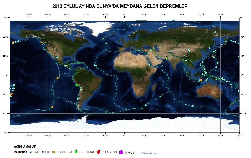 1 2013 Eylül ayında Dünya da meydana gelen M 6.0 olan depremler (EMSC) Tarih Saat Enlem Boylam Derinlik Büyüklük Yer 01/08/2013 20:01:44-15.3-173.55 30 6 TONGA 12/08/2013 09:49:32-5.43-81.97 10 6.