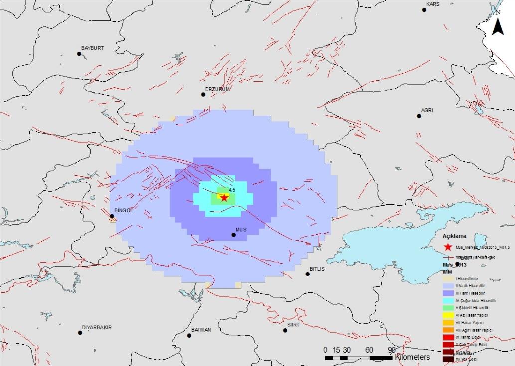 Şekil 2.5 17 Eylül 2013 tarihinde meydana gelen Muş-Merkez Depreminin (ML=5.1) tahmini sarsıntı haritası.