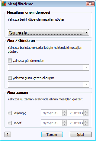 Bu seçenek, iletileri daha genisletilmis parametrelere göre filtrelemeyi saglar. Açilir menüden hangi tür iletileri görüntülemek istediginizi seçin. Alici/Gönderen bölümünde, iki onay kutusu vardir.