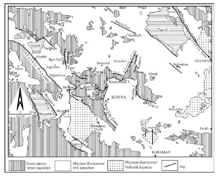 Sekil 3: Konya ve çevresindeki temel ve örtü kayaçları ile önemli fayları gösteren jeoloji haritası (Bu bölüm Prof.Dr. Yaşar EREN in S.Ü. Jeoloji Müh. Böl.