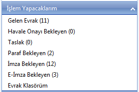 3. Evrak Sol Menüsü İşlemleri 3.1 İşlem Yapacaklarım İşlem yapacaklarım sekmesi giriş sayfasının sol alanındaki menü içerisinde yer alır.