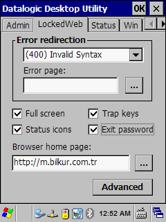 Seçenek Error redirection Error page Full screen Trap keys Status icons Exit password Açıklama Internet Explorer programında karşılaşılan hata kodu.