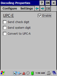 UPC-A Bu bölümde UPC-A barkod tipi ayarlarının yapılandırılması sağlanır. Enable : Okunabilirliği açar/kapatır. Send check digit : Kontrol karekterini iletilmesini açar/kapatır.