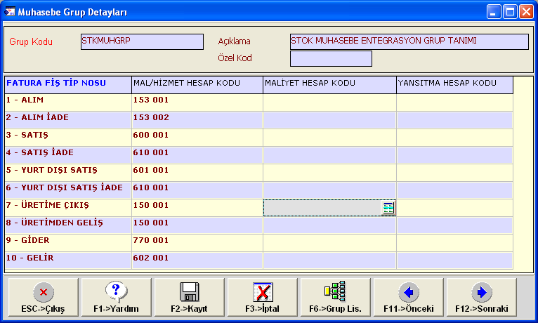 Şekilde dikkat edilirse her fatura tipi için muhasebe kodları belirtilmiştir.