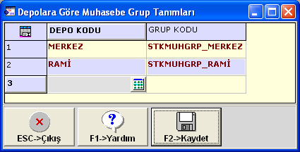 EN.1.2 Bağlantı Şekli: Depo Grubundan Stok bağlantı şekli depo grubundan olduğu durumlarda, Stok modülü Servis/Sabit Tanımlar/Muhasebe Bağlantıları/Depo Grup Tanımları bölümüne girilerek her bir depo