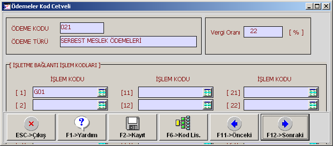 Ödeme türleri F6-Kod Listesi tuşu ile seçilebilir ya da F11-Önceki, F12- Sonraki tuşları ile ödeme türleri arasında geçiş yapılabilir.