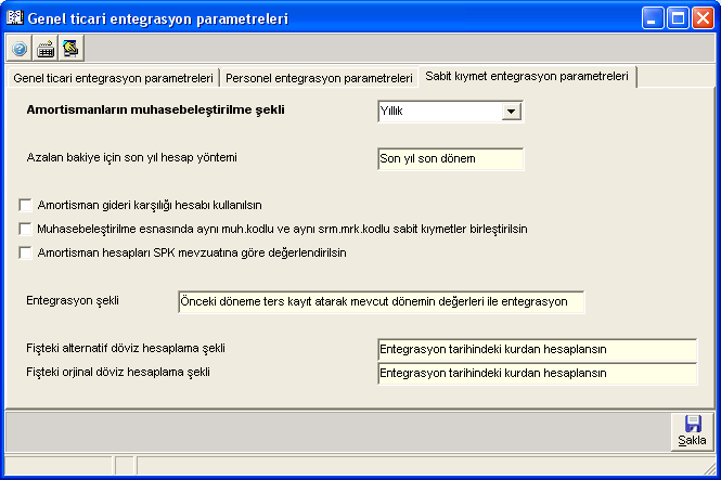 parametreleri \ Entegrasyon şekil parametreleri (096113) komut satırı izlenerek ulaşılan pencereden Sabit kıymet entegrasyon parametreleri menüsünde amortisman muhasebeleştirme şekli üç aylık olarak