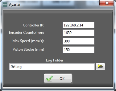 2.3 Ayarlar Yazılımı çalıştırdığınızda karşınıza ilk olarak aşağıdaki ekran çıkacaktır: Burada sırasıyla kontrolör cihazının IP adresi, encoder dan gelen motor geri besleme değerinden bir mm başına