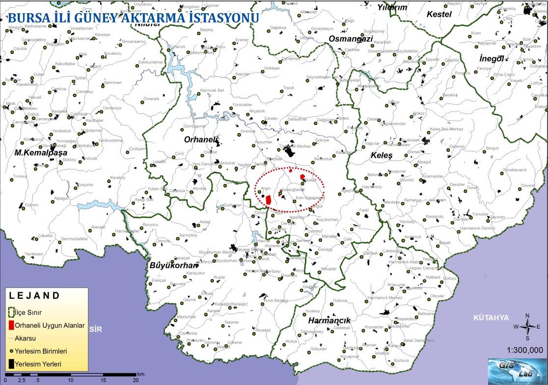 Şekil 11-15 Bursa İli güney bölgesi katı atık aktarma istasyonları uygunluk haritası