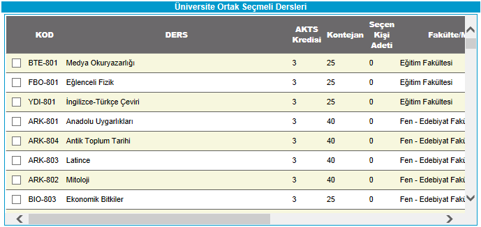 Almanız Gereken Üniversite Ortak Seçmeli Dersi İşaretleyiniz.