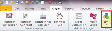 Kot Düzenle Model Tabakalandır Gönder 3D+ Katman Gönder Aktarım Islemleri Aktarım İşlemleri 3D+ ekranı Netcad ana ekranından ayrı bir pencere olduğu için Netcad'ten 3D+ penceresine yapılan işlemleri
