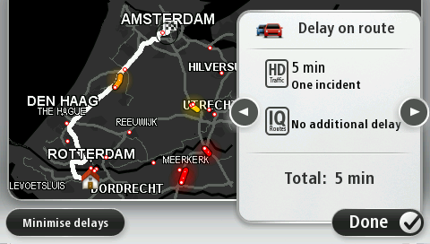Bir olay hakkında daha fazla bilgi alma Rotanızdaki gecikmeleri kontrol etmek için trafik yan çubuğuna dokunun. Navigasyon cihazınız rotanızdaki trafik gecikmelerinin bir özetini gösterir.