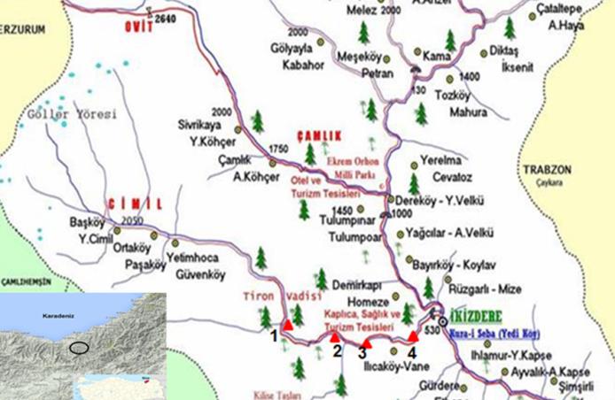 üzerinde irili ufaklı buzul gölleri bulunmaktadır. Cimil Dağı ndan doğan kollar Cimil Deresi ni oluşturur (Şekil 2). Cimil Deresi 40 47' doğu ve 40 33' kuzey koordinatlarında yer alır.