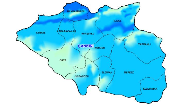 İlçesi ve Ilgaz İlçesi nin bazı kesimlerinde güneşlenme Çankırı geneline göre daha fazladır, diğer ilçelerde