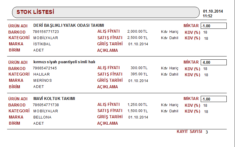 AZALAN ÜRÜNLER Butonuna tıkladığınızda satılmış ve belirlediğiniz stok sayısından azalmış ürünler listelenir.