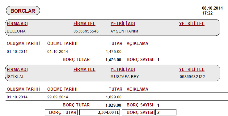 11. butonuna tıklayarak gecikmiş borçlarınızı Firma Adı, Oluşma Tarihi, Ödeme Tarihi, Tutar gibi bilgilerini