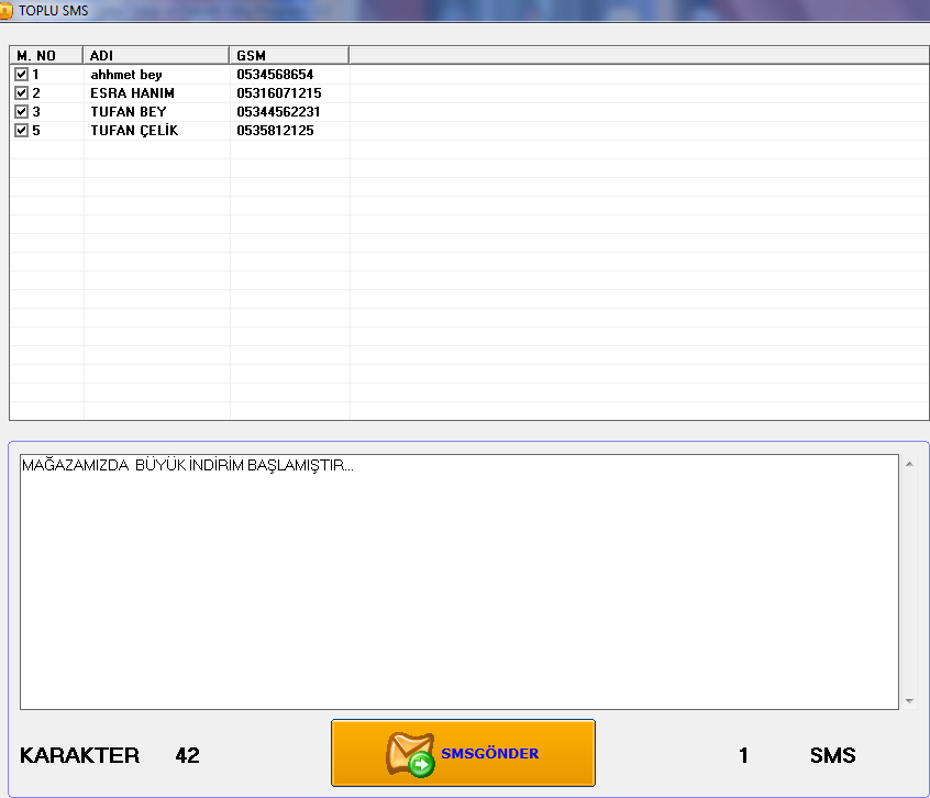 9. TOPLU SMS butonuna tıklayarak sisteme kayıtlı olan müşterilerinize sms