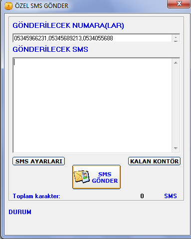 butonuna tıklayarak taksiti olan müşterilerinizden seçebilirsiniz. 11. ÖZEL SMS Mesaj gönderilecek numaraları tuşlayarak mesajınızı yazıp gönderebilirsiniz.