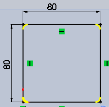 Tasarım Ağacından Üst düzlem seçilip üzerine 80x80 mm ölçülerinde Köşe noktası ile dikdörtgen çiziniz.