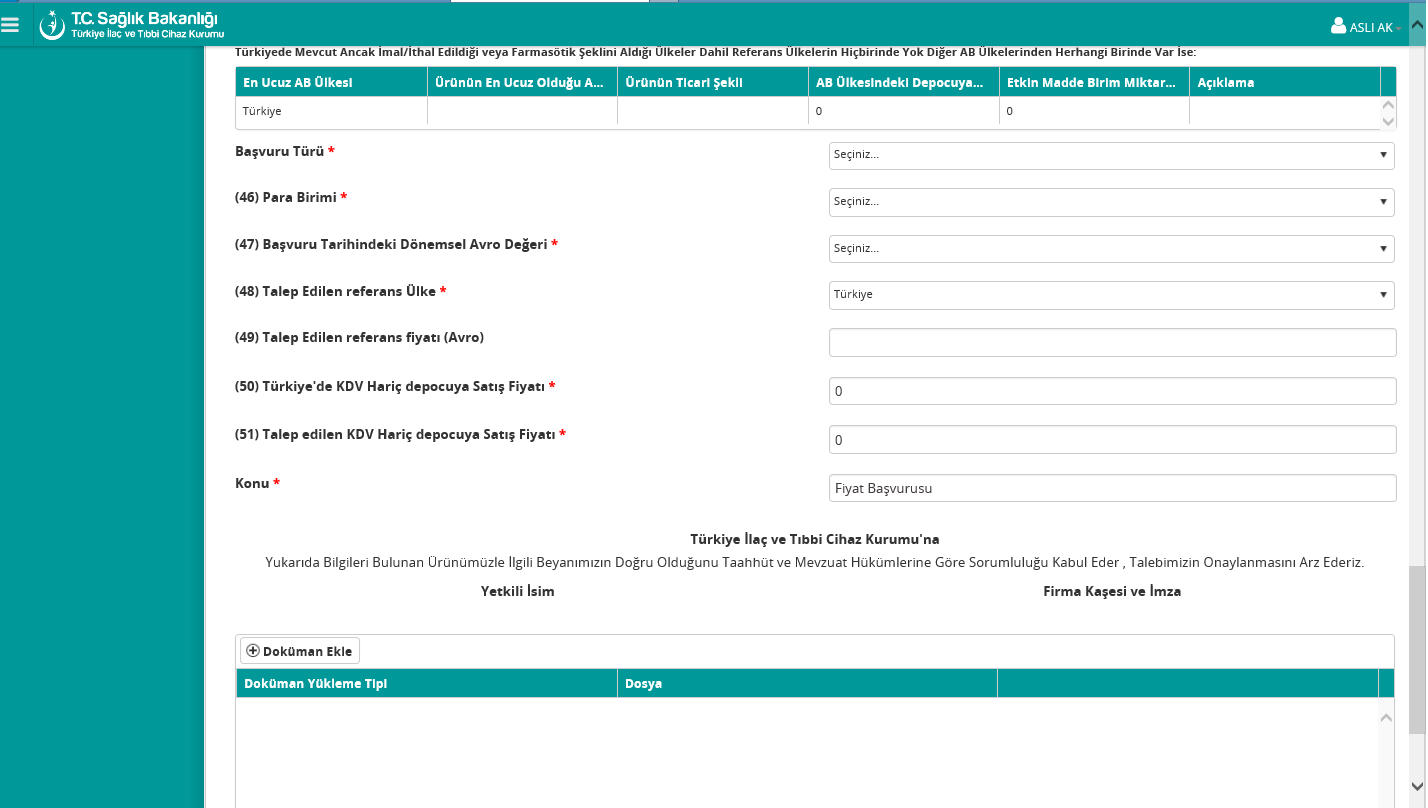 Şekil 39 Başvurular / Fiyat Başvurusu Ekle / Jenerik İlaç Fiyat Beyan Formu 4