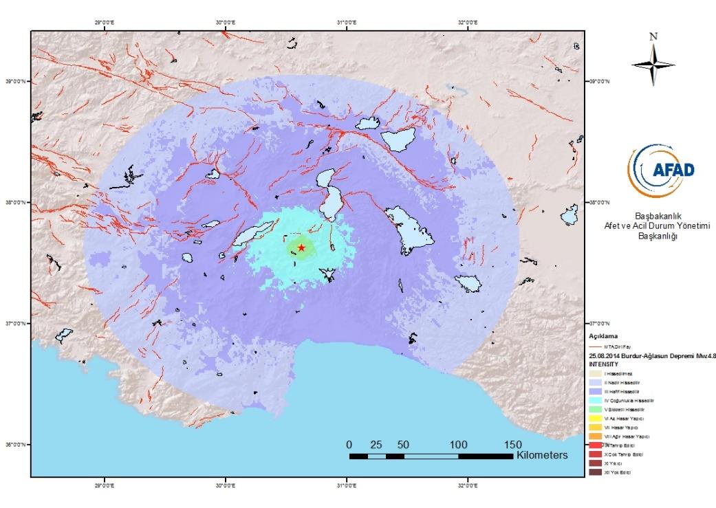 Şekil 3.2 Burdur İli nin Deprem Bölgeleri Haritası ndaki konumu TAHMİNİ SİSMİK ŞİDDET SONUÇLARI 25 Ağustos 2014 tarihli Mw:4.